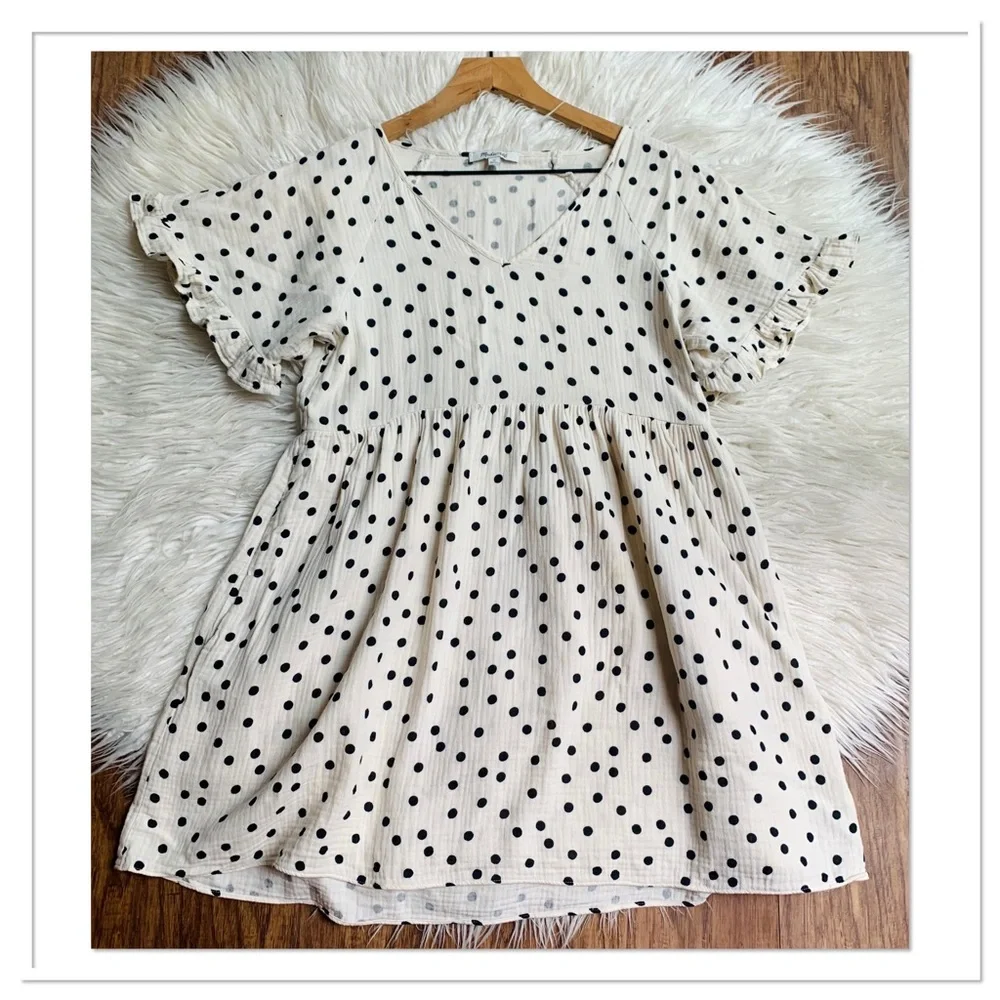 Madewell Lightspun Ruffle Sleeve Babydoll Dress In Dot Toss Ivory Black Size XS